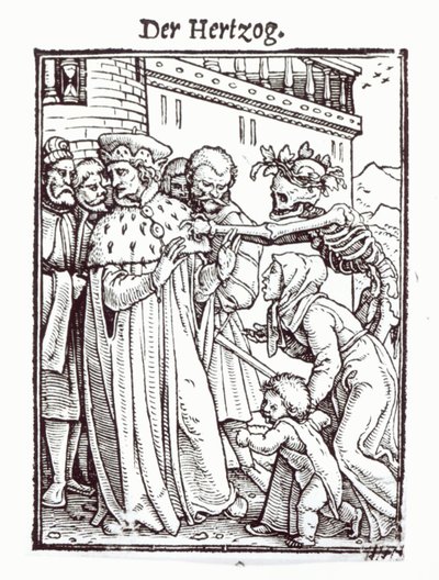 الموت والدوق ، من "رقصة الموت" ، نقش هانز لوتزلبرغر ، c.1538 بواسطة هانز هولبين الأصغر