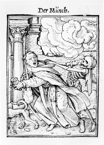 الموت و الراهب المتسول ، من "رقصة الموت" ، نقش هانز لوتزلبيرغر ، c.1538 بواسطة هانز هولبين الأصغر