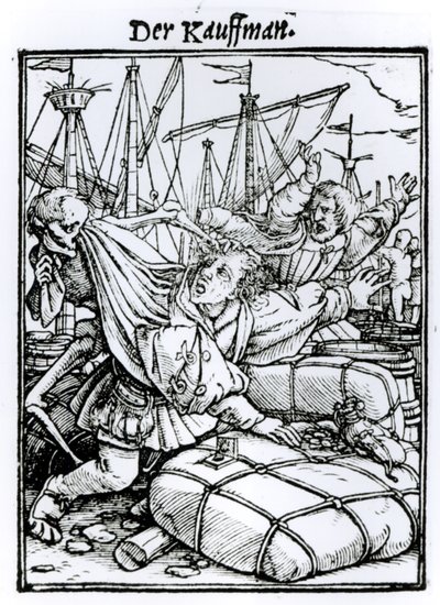 الموت والتاجر ، من "رقصة الموت" ، نقش هانز لوتزلبورغر ، c.1538 بواسطة هانز هولبين الأصغر