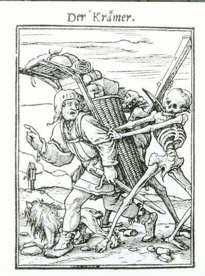 الموت و Pedlar ، من `` رقصة الموت &39;&39; ، نقشها هانز لوتزلبرغر ، c.1538 بواسطة هانز هولبين الأصغر