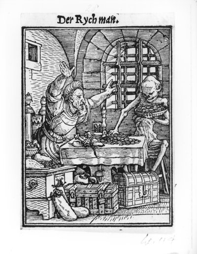 الموت والرجل الغني ، من "رقصة الموت" ، نقش هانز لوتزلبرغر ، c.1538 بواسطة هانز هولبين الأصغر
