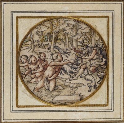 Diana and Actaeon - Design for a pendant or hat badge, c.1532-43 (pen & ink on paper) بواسطة هانز هولبين الأصغر