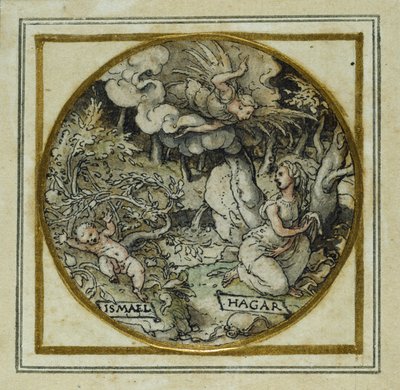 هاجر وإسماعيل - تصميم لقلادة أو شارة قبعة ، حوالي 1532-43 (قلم وحبر على ورق) بواسطة هانز هولبين الأصغر