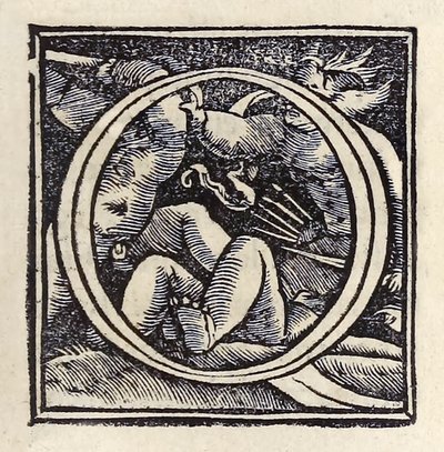مضاء "O" من طبعة بازل الثالثة لعام 1518 من "يوتوبيا" للسير توماس مور (1478-1535) التي نُشرت لأول مرة في عام 1516. نقش خشبي لهانس هولبين الأصغر (1497-1543) يُظهر قتال البوتي. بواسطة هانز هولبين الأصغر