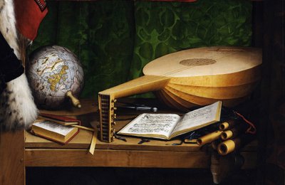السفراء (جان دي دينتفيل (1504-1555 أو 1557) وجورج دو سيلفي (1506-1541) (السفراء (جان دي دينتفيل وجورج دي سيلف) تفاصيل أدوات الرف السفلي: الكرة الأرضية ، كتاب حسابي عود مع شريك بواسطة هانز هولبين الأصغر