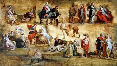 مشاهد أسطورية ودينية: ورشة عمل مودلو (زيت على لوح) بواسطة هانز الثالث جوردان