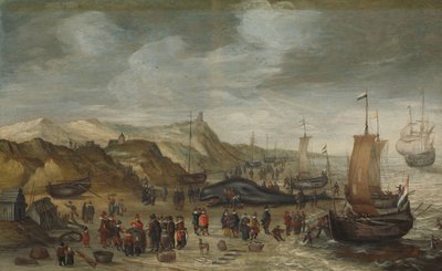 حوت العنبر جرفته الأمواج على الشاطئ في نوردفيك، 28 ديسمبر 1614 بواسطة هانز الأول سافري
