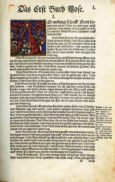 الصفحة الافتتاحية من كتاب التكوين في ترجمة مارتن لوثر للكتاب المقدس لعام 1534 بواسطة هانز لوفت