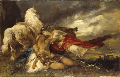 Valkyrie et un heros mourant - Valkyrie and a Dying Hero ، بقلم ماكارت ، هانز (1840-1884). زيت على قماش. الأبعاد: ١٣٠ × ٢٠٠ سم. المتحف الوطني ستوكهولم بواسطة هانز ماكارت