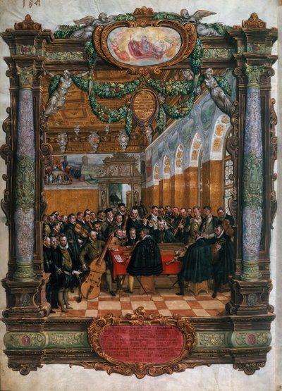 Orlando di Lasso (1532-1594), in the bottom left, in concert for the Duke Albrecht V of Bavaria at the Munich court بواسطة هانز ميليتش أو موليتش