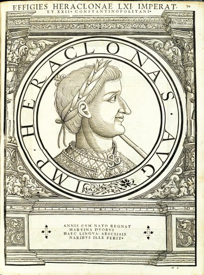 Heraclonas ، من القائد العام للشرق الروماني والغرب أصدق الصور من العملات القديمة ، نقش رودولف ويسنباخ ، طبعها أندرياس جيسنر ، زيوريخ ، بواسطة هانز رودولف مانويل جيرمان
