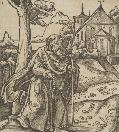 حاج قديم يمشي إلى اليمين ، من Hymmelwagen auff dem ، wer wol Leben ... ، 1517. بواسطة هانز شوفيلين الأكبر