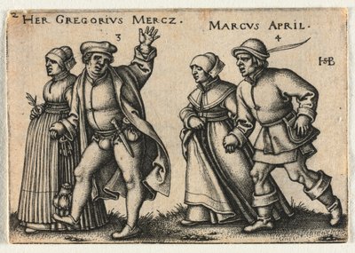 زفاف الفلاحين أو الاثني عشر شهرًا: 3-Her Gregorius Mercz 4-Marcus April، 1546. بواسطة هانز سيبالد بهام