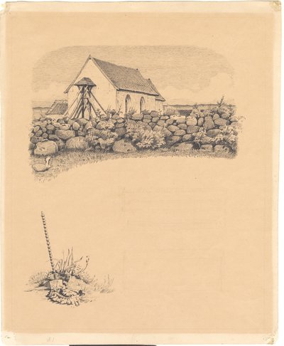 رسم توضيحي لـ St. شارع. المدرجات: "جزازة". Fo: كنيسة خلف الحجارة. fn: مكان الدفن (؟) مع الأشياء بأسمائها الحقيقية بواسطة هانز سميث
