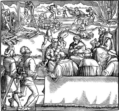جلسة المحكمة. رسم توضيحي من كتاب Phisicke Against Fortune بواسطة Petrarch ، 1532 بواسطة هانز ويديتز الأصغر
