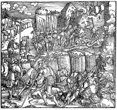 حصار القلعة. رسم توضيحي من كتاب Phisicke Against Fortune بواسطة Petrarch ، 1532 بواسطة هانز ويديتز الأصغر