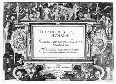 صفحة العنوان لـ "Theatrum Vitae Humanae" ، محفورة بواسطة Johannes Wierix (1549-c.1618) أعيد طبعها عام 1638 بواسطة هانز أو جان فريدمان دي فريس