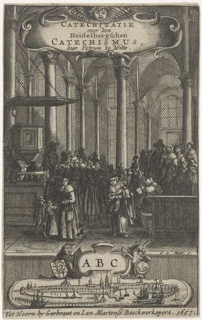 داخل الكنيسة صفحة العنوان لـ: P. de Witte ، التعليم المسيحي حول Heidelbergschen Catechismus ، 1657 بواسطة هارمن دي ماير