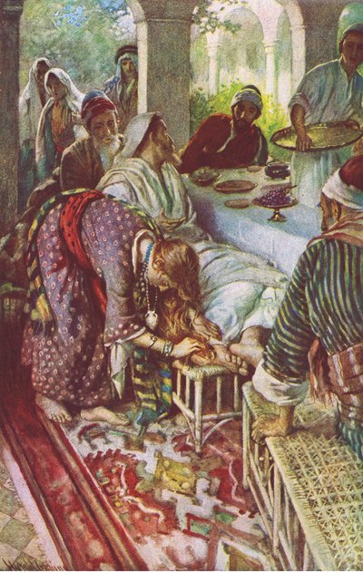 المسيح في منزل الفريسي ، رسم توضيحي من "Harold Copping Pictures: The Crown Series" ، حوالي عام 1920 (اللون الليثو) بواسطة هارولد كبينج