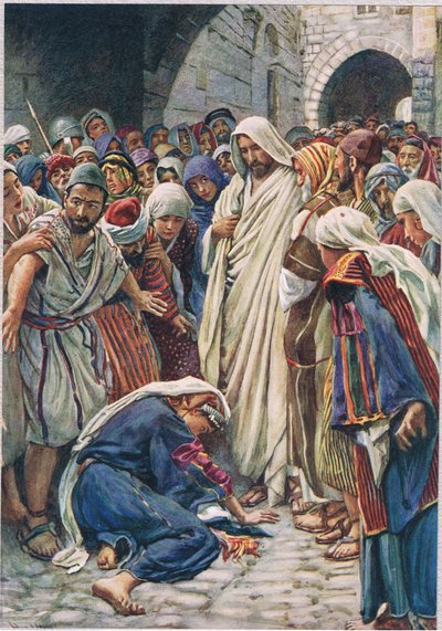 المرأة التي لمست طرف ثوبه ، رسم توضيحي من "نساء الكتاب المقدس" ، نشرته جمعية المسالك الدينية بواسطة هارولد كبينج