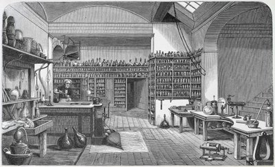 مايكل فاراداي (1791-1867) في مختبره في الطابق السفلي ، من كتاب "حياة ورسائل فاراداي" لهنري بنس جونز ، نُشر عام 1870 ، 1869 بواسطة هارييت جين مور