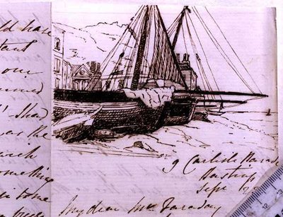 RI MS F1 I160 صورة مصغرة لقوارب الصيد في Hastings ، رسم تخطيطي في رسالة إلى Michael Faraday (1791-1867) ، 23 سبتمبر 1853 (قلم وحبر على ورق) بواسطة هارييت جين مور