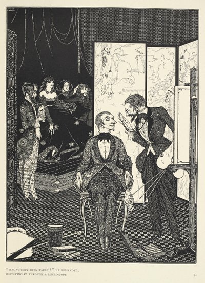 quot;ألم يتم أخذ نسخة؟quot; سأل وهو يفحصها بالمجهر. رسم توضيحي لقصة quot;الشيطان في برج الجرسquot;. بواسطة هاري كلارك