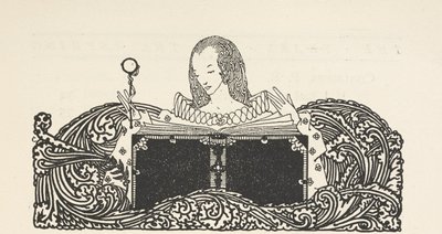 رسم توضيحي يظهر امرأة تقرأ كتابًا، في أعلى صفحة المحتويات. بواسطة هاري كلارك