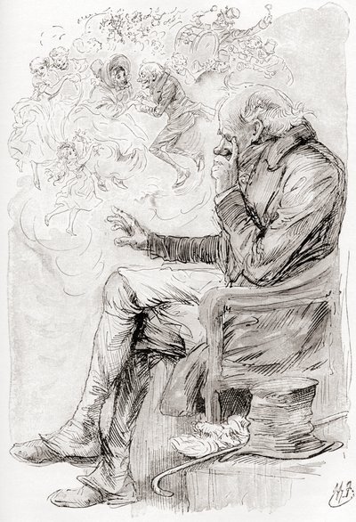 حلم تروتي. quot;هل كان تروتي يحلم؟ أم أن أفراحه وأحزانه، والممثلين فيها، ليست سوى حلم؛ وهو نفسه حلم؛ وراوي هذه الحكاية حالم، مستيقظ ولكن الآن؟quot; رسم توضيحي لهاري فيرنيس للقصة القصيرة The Chimes from The Christmas Book بواسطة هاري فورنيس
