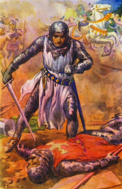 "بعد قتال شرس هُزم فارس الهيكل" (طباعة حجرية ملونة) بواسطة هاري جورج ثيكر