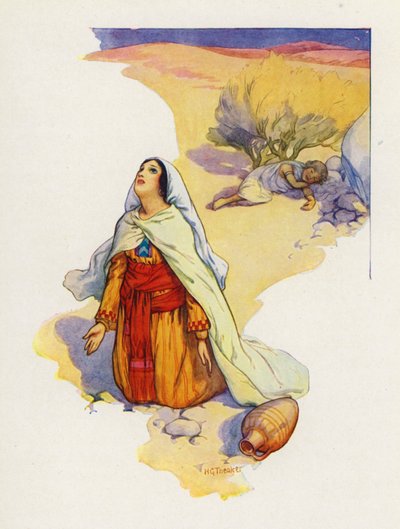 هاجر وضعت الطفل في ظل شجيرة (طباعة حجرية ملونة) بواسطة هاري جورج ثيكر