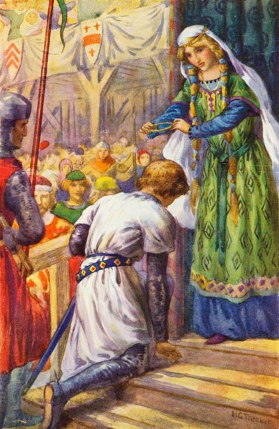 "أمنحك هذا القلادة يا سيدي الفارس" (طباعة حجرية ملونة) بواسطة Harry George Theaker