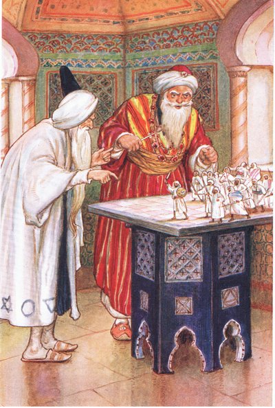 الملك أبن قابوس والمنجم العربي (من قصة المنجم العربي)، رسم توضيحي من "حكايات قصر الحمراء"، حوالي عام 1940 (طباعة حجرية ملونة) بواسطة هاري جورج ثيكر