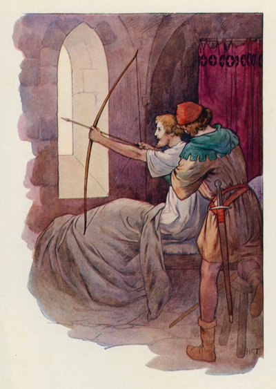 أطلق روبن، وهو جالس في السرير، السهم في الغابة الخضراء خلف سور الدير (صورة حجرية ملونة) بواسطة هاري جورج ثيكر