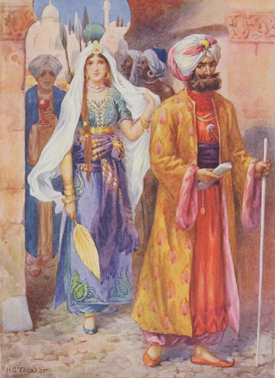 السندباد يجلب الهدايا للخليفة، رسم توضيحي من "قصص الأطفال من الليالي العربية"، بقلم روز ييتمان وولف، حوالي عام 1920 (طباعة حجرية ملونة) بواسطة هاري جورج ثيكر