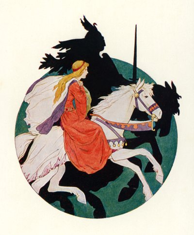 الفارس الأسود يركب الفرس الأسود مع العذراء (طباعة حجرية ملونة) بواسطة هاري جورج ثيكر