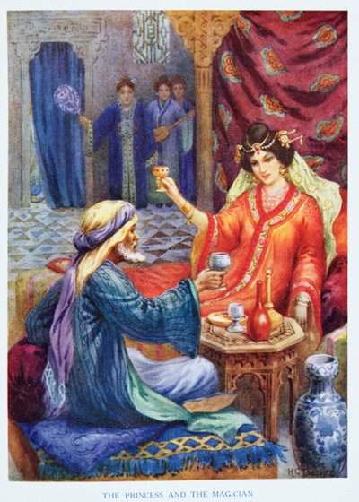 الأميرة والساحر، رسم توضيحي من "قصص الأطفال من الليالي العربية"، بقلم روز ييتمان وولف، حوالي عام 1920 (طباعة حجرية ملونة) بواسطة هاري جورج ثيكر