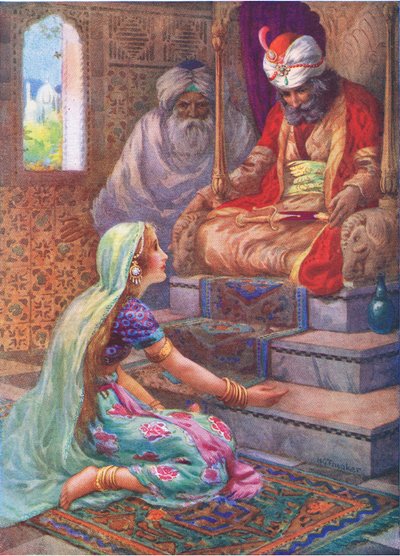 الاسم هو ساتيافان، رسم توضيحي من "قصص الأطفال من الأساطير الهندية"، حوالي عام 1930 (طباعة حجرية ملونة) بواسطة هاري جورج ثيكر