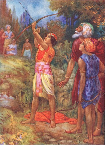"ثم صاح الرجل العجوز على مضض". من كتاب "الإخوة المغامرون"، رسم توضيحي من "قصص الأطفال من الأساطير الهندية"، حوالي عام 1930 (طباعة حجرية ملونة) بواسطة هاري جورج ثيكر