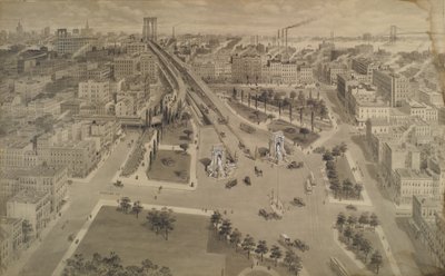 بروكلين بلازا من جسر مانهاتن ، حوالي عام 1917 (حبر وغسل الهند مع لمسة بيضاء غير شفافة) بواسطة Harry M. Pettit