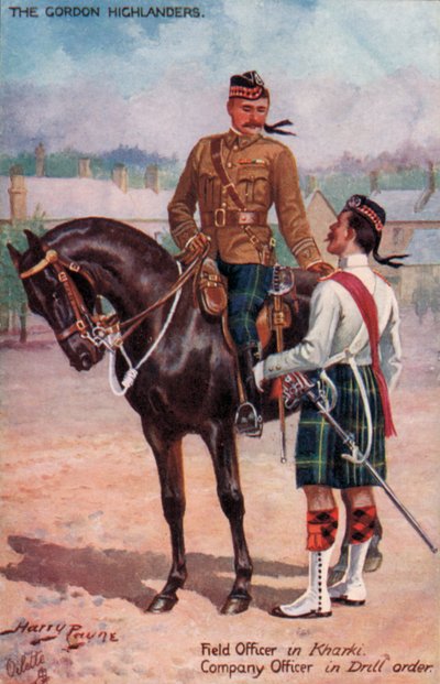 The Gordon Highlanders, Field Officer in Kharki, Company Officer in Drill order (colour litho) بواسطة هاري باين