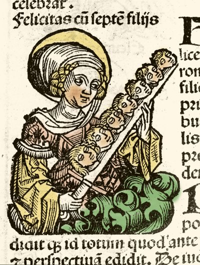 تمثيل القديس فيليسيتي ، الاستشهاد في روما برؤوس أبنائه السبعة. xylography of Hartmann Schedel “” Chronicles of Nuremberg ”“ ”1493. بواسطة هارتمان شيدل