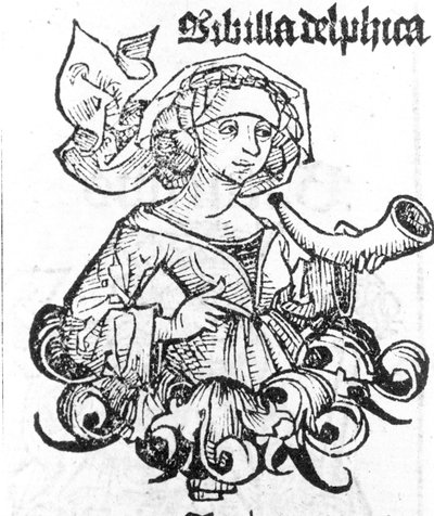تمثيل بيثيا دلفي. تصوير Xilography من "Liber العضلات المزمنة" بواسطة هارتمان شيدل ، نورمبرغ 1497 بواسطة هارتمان شيدل