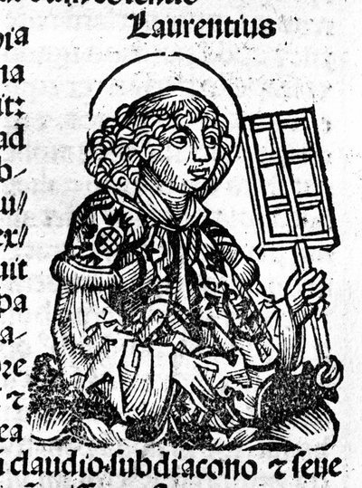 سان لوران ممسكًا بيده الشواية ، أداة استشهاده. نقش من "Liber Chronicarum بواسطة هارتمان شيدل" بواسطة هارتمان شيدل