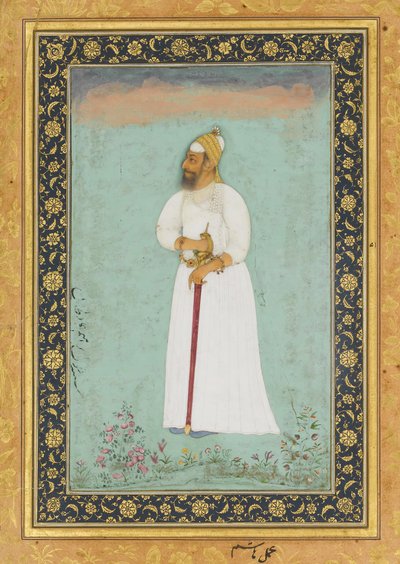 صورة لإبراهيم عادل شاه الثاني ملك بيجابور ، فوليو من ألبوم شاه جهان ، ظهر: ca. 1620 بواسطة أنا علي حرافي