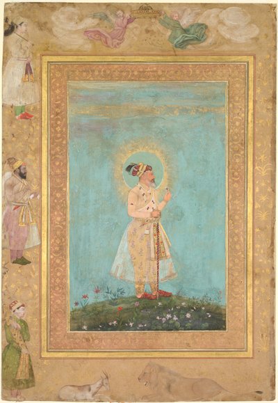 شاه جهان يحمل إسبنيل وسيف ديكان طويل ، من ألبوم شاه جهان الراحل ، ج. 1650. بواسطة هاشم