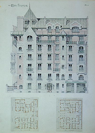مخطط الواجهة والأرض لـ "Castel-Beranger" ، رسم توضيحي من كتاب لهكتور غيمارد (1867-1942) (لون ليثو) بواسطة هيكتور غيمارد