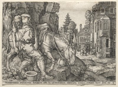 مثل السامري الصالح: السامري الصالح يضع المسافر على حماره ، 1554. بواسطة هاينريش ألدغريفير