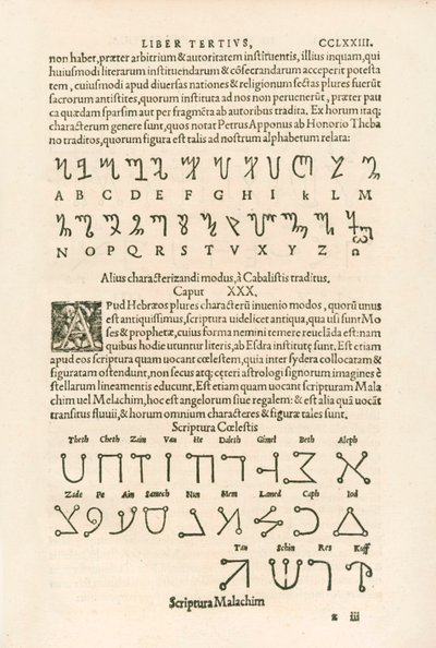الأبجدية Theban (الأبجدية الشرفية أو الأحرف الرونية) والأبجدية السماوية (Scriptura Malachim أو Angelic Script) النقش من Heinrich Cornelius Agrippa von Nettesheim (1486-1535) De occul بواسطة Heinrich Cornelius Agrippa von Nettesheim