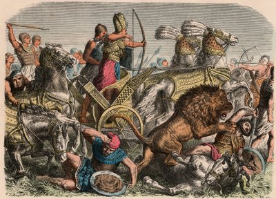 مصر القديمة: فرعون رمسيس الثاني يقاتل ضد أسود حرب الجيش الحيثي في قادش ، 1274 قبل الميلاد ، 1866 بواسطة Heinrich Leutemann